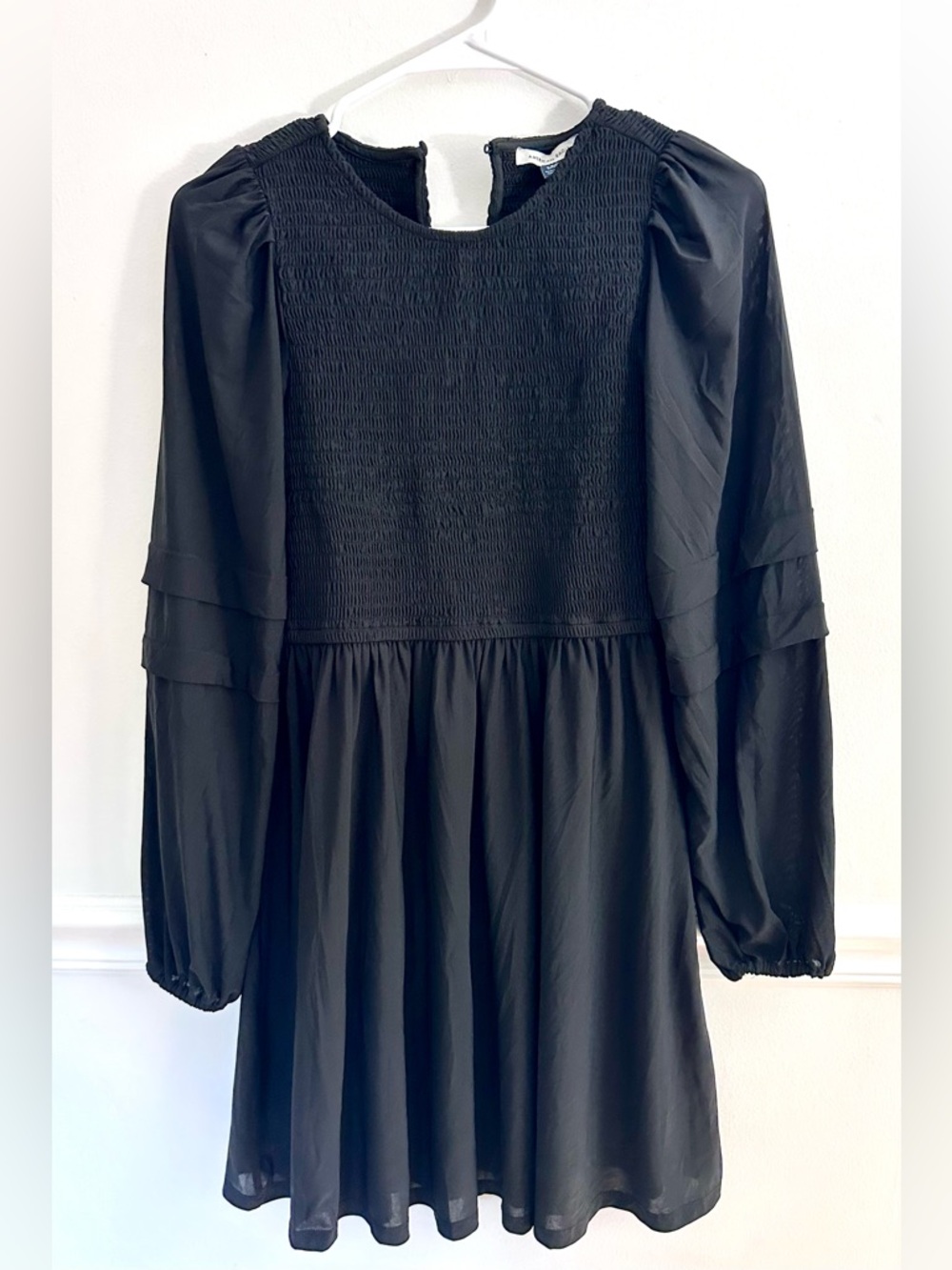 American Eagle Black Smocked Puff Sleeve Tiered Mini Dress Small LBD boho academ